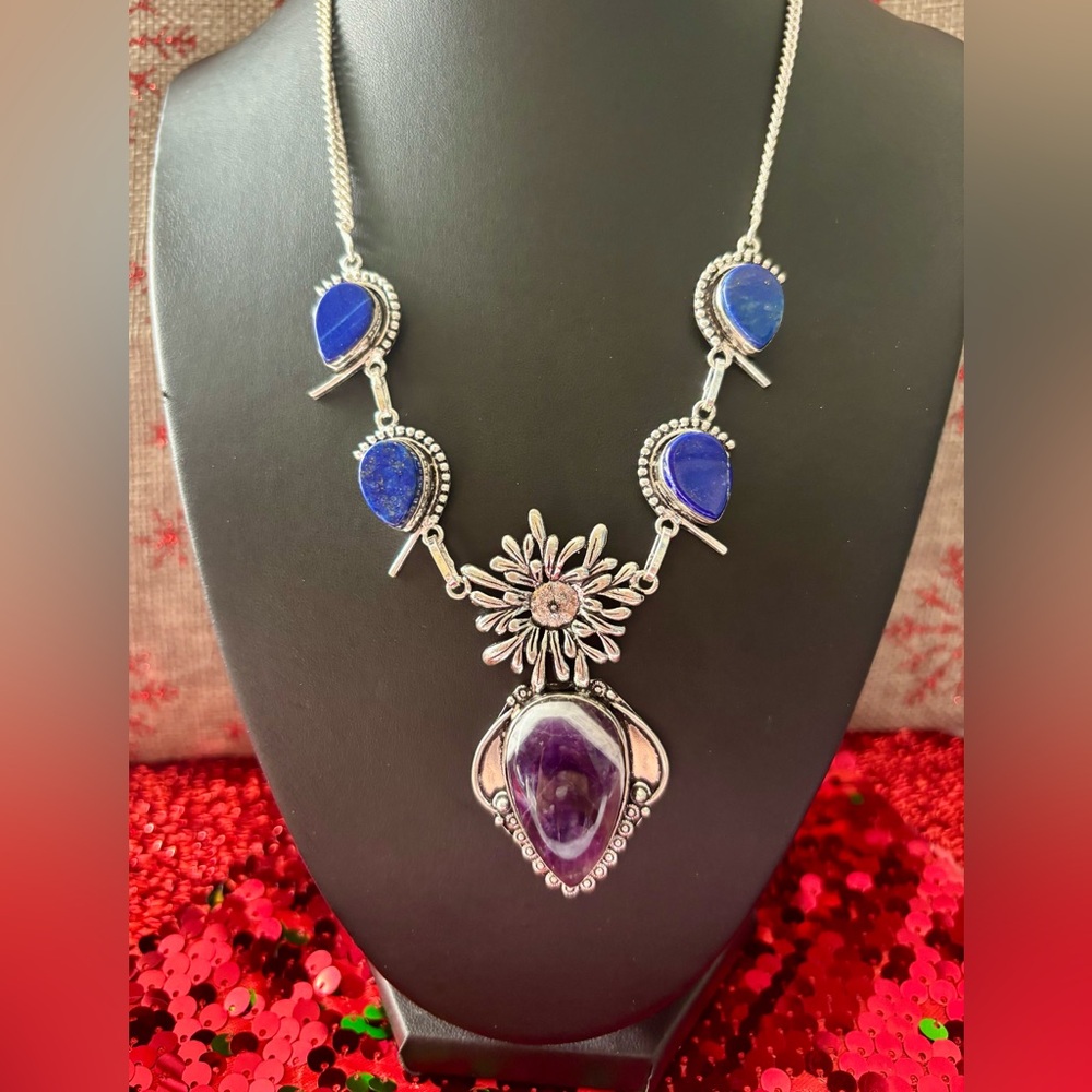 Handmade Amethyst Lapis Jewelry Set On 925 Sterling Silver. Sz 20”